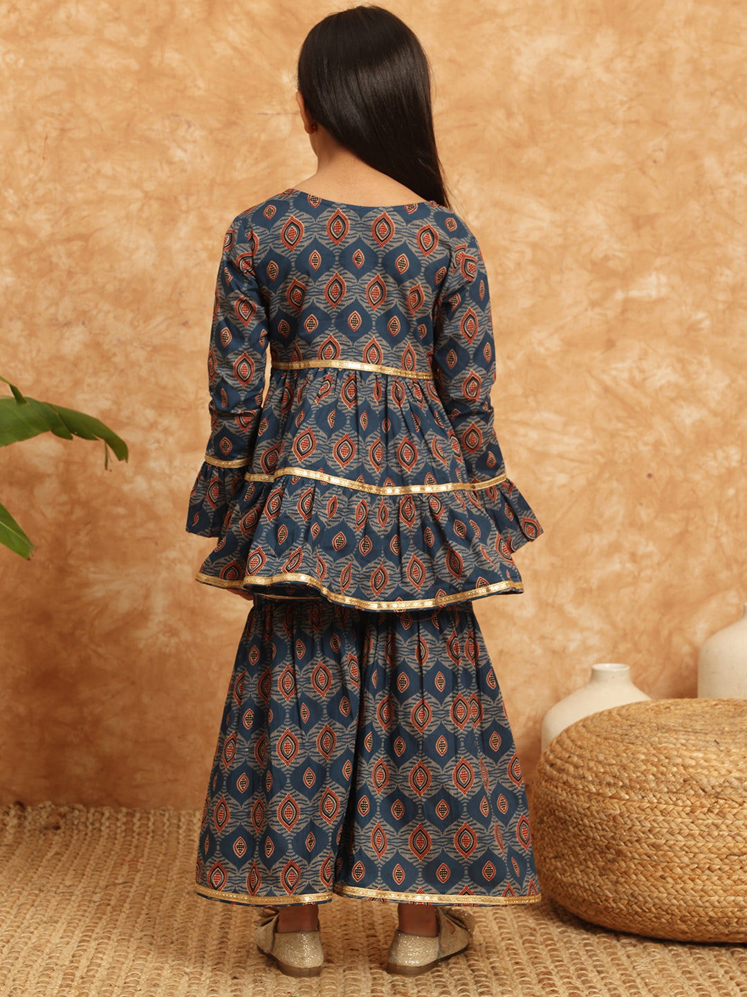 Frock Style Cotton Fabric Blue Color Printed Kurti And Sharara With Gotta Lace Work