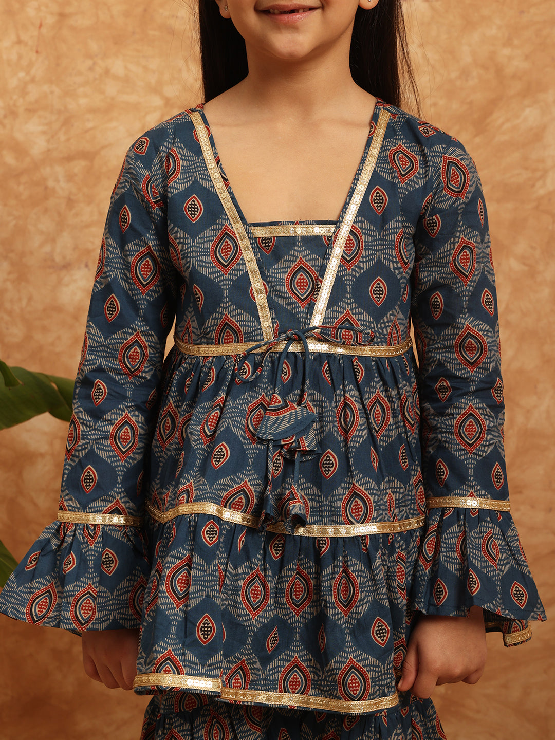 Frock Style Cotton Fabric Blue Color Printed Kurti And Sharara With Gotta Lace Work