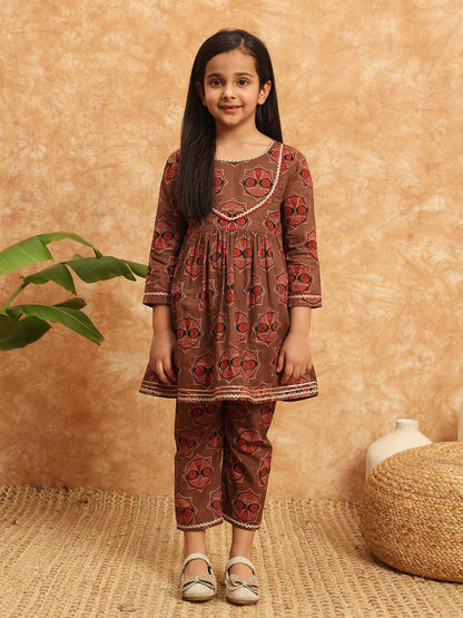 Frock Style Cotton Fabric Brown Color Printed Kurti And Palazzo With Gotta Lace Work
