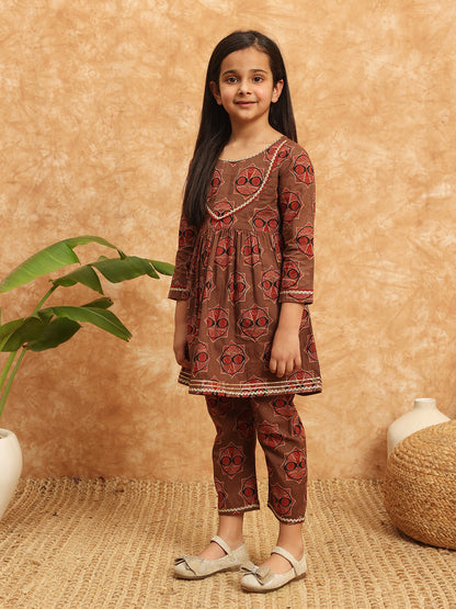 Frock Style Cotton Fabric Brown Color Printed Kurti And Palazzo With Gotta Lace Work