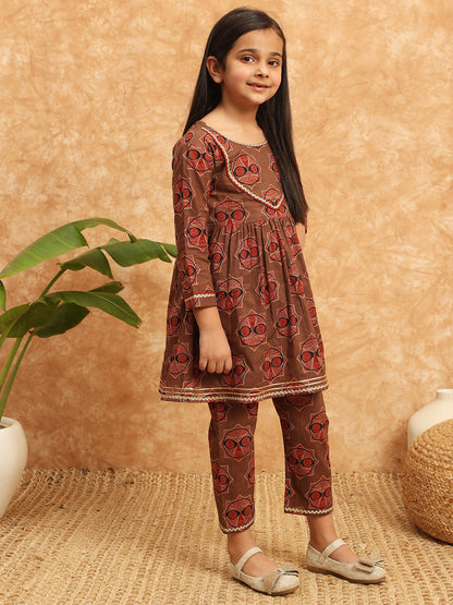 Frock Style Cotton Fabric Brown Color Printed Kurti And Palazzo With Gotta Lace Work