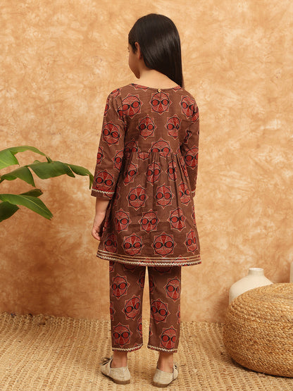 Frock Style Cotton Fabric Brown Color Printed Kurti And Palazzo With Gotta Lace Work