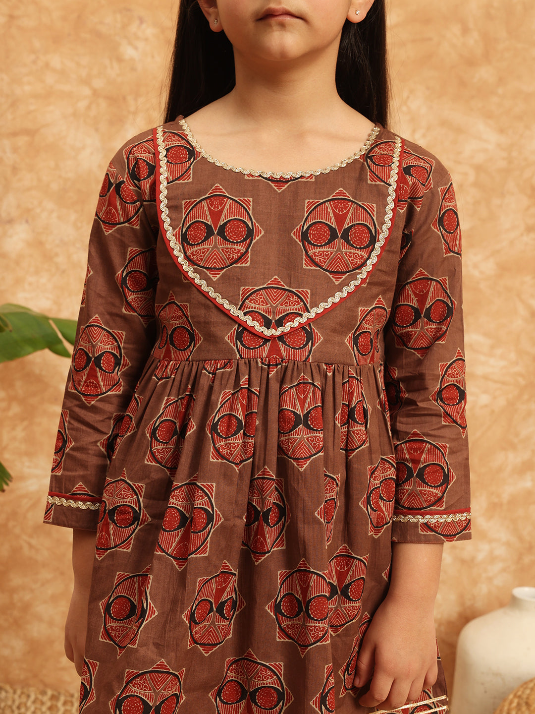 Frock Style Cotton Fabric Brown Color Printed Kurti And Palazzo With Gotta Lace Work