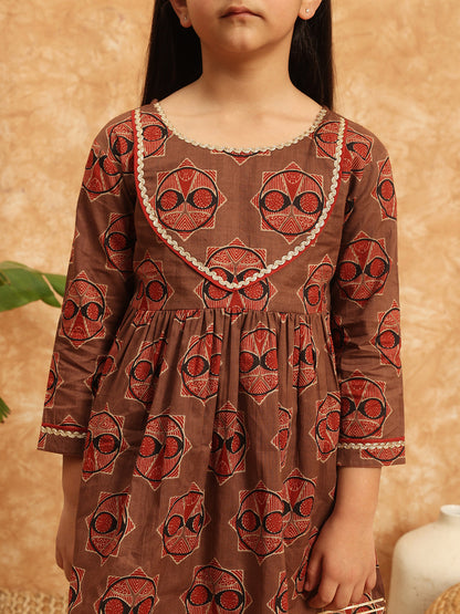 Frock Style Cotton Fabric Brown Color Printed Kurti And Palazzo With Gotta Lace Work