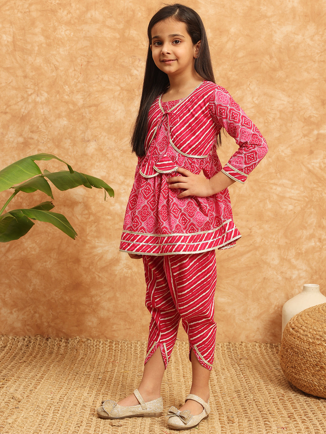 Frock Style Cotton Fabric Pink Color Printed Kurti And Dhoti Pant With Gotta Lace Work
