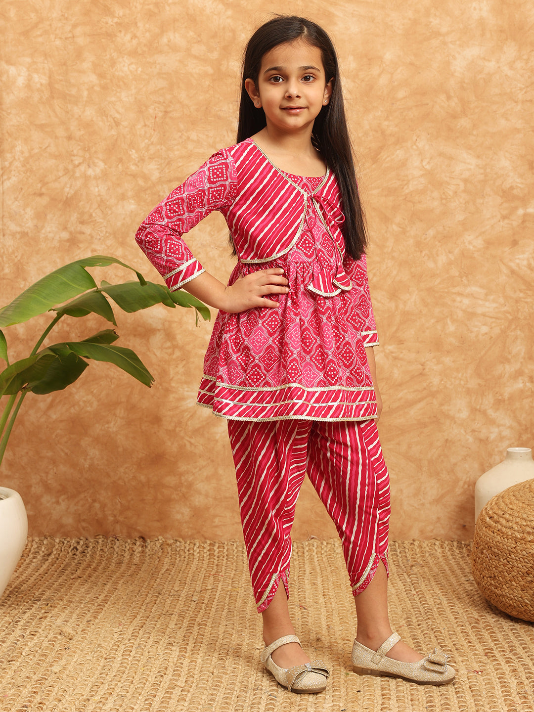 Frock Style Cotton Fabric Pink Color Printed Kurti And Dhoti Pant With Gotta Lace Work