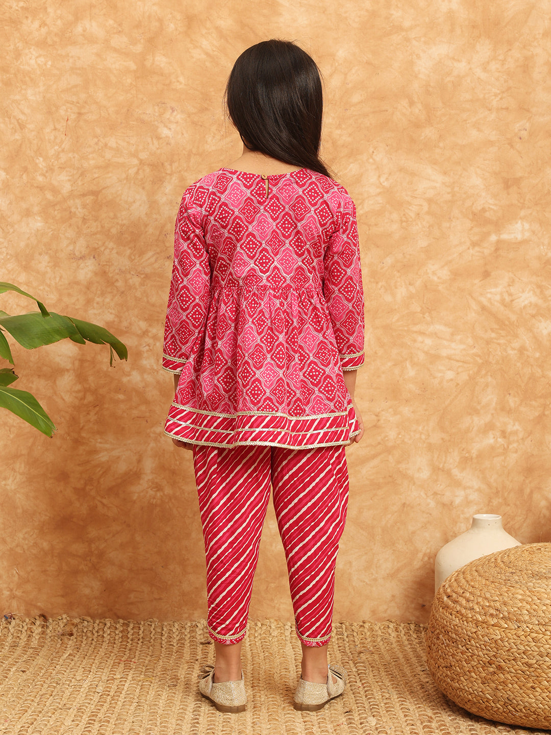 Frock Style Cotton Fabric Pink Color Printed Kurti And Dhoti Pant With Gotta Lace Work