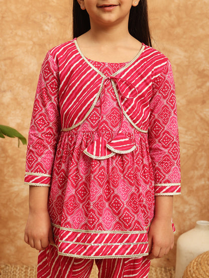 Frock Style Cotton Fabric Pink Color Printed Kurti And Dhoti Pant With Gotta Lace Work