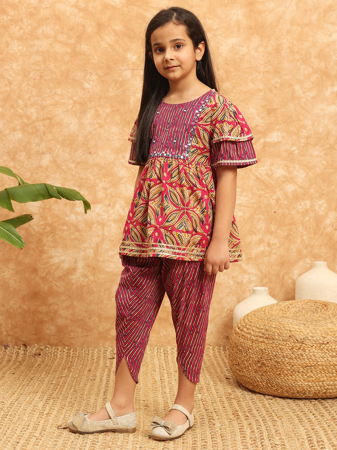 Frock Style Cotton Fabric Pink Color Printed Kurti And Dhoti Pant With Mirror And Gotta Lace Work