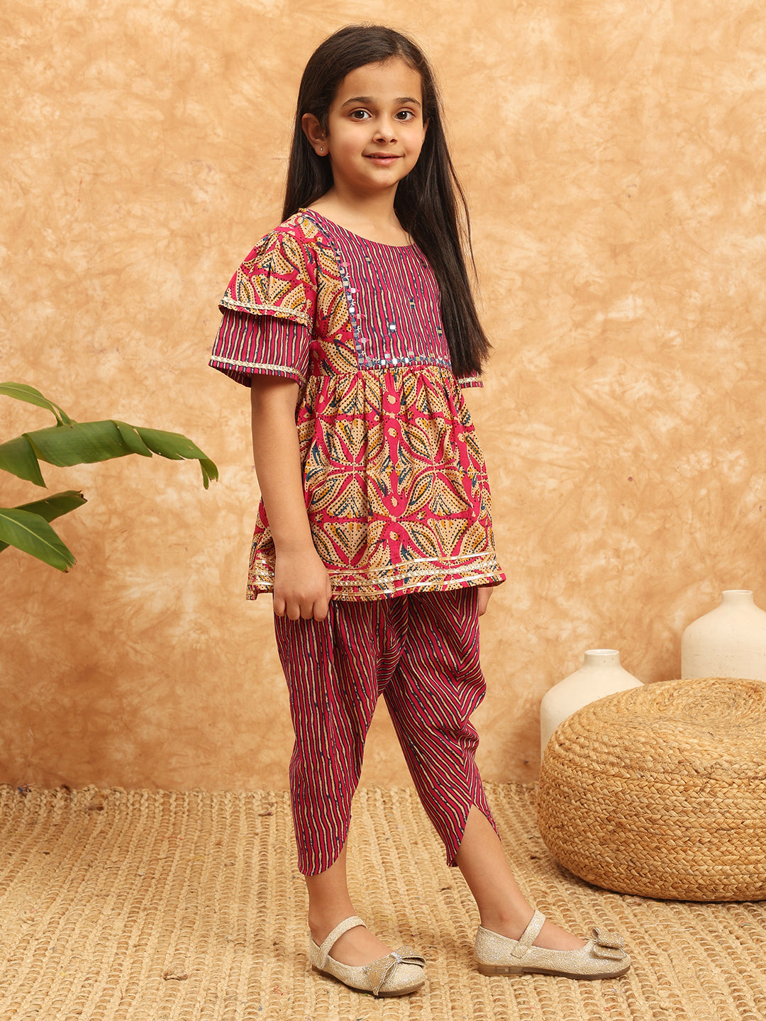 Frock Style Cotton Fabric Pink Color Printed Kurti And Dhoti Pant With Mirror And Gotta Lace Work