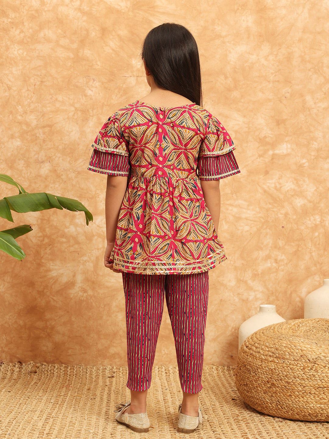 Frock Style Cotton Fabric Pink Color Printed Kurti And Dhoti Pant With Mirror And Gotta Lace Work