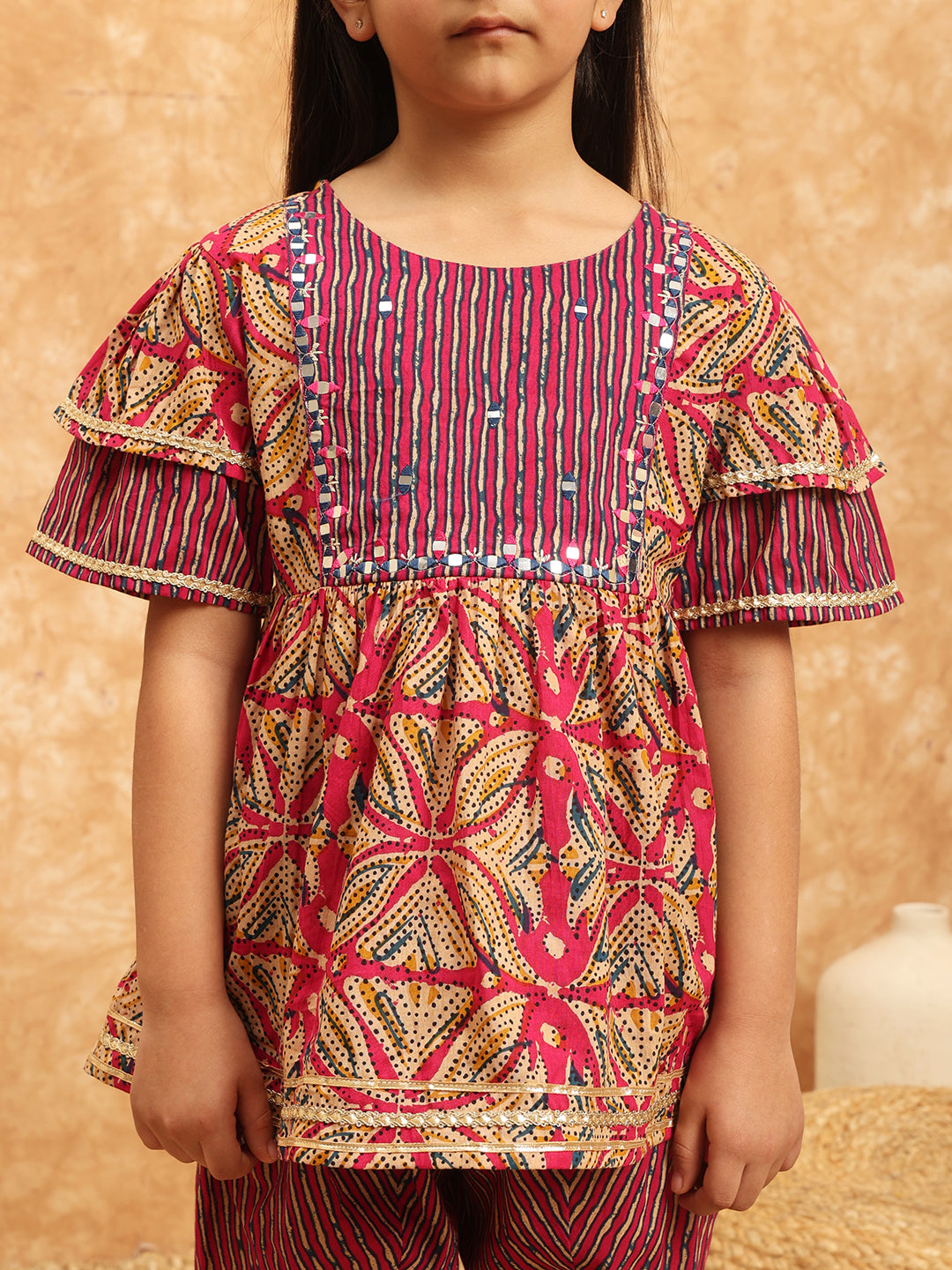 Frock Style Cotton Fabric Pink Color Printed Kurti And Dhoti Pant With Mirror And Gotta Lace Work