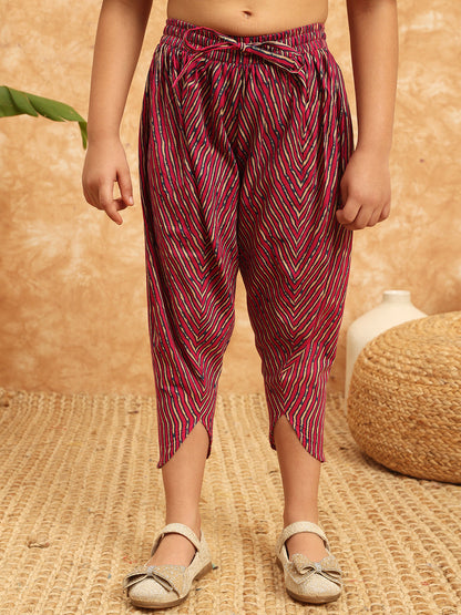 Frock Style Cotton Fabric Pink Color Printed Kurti And Dhoti Pant With Mirror And Gotta Lace Work