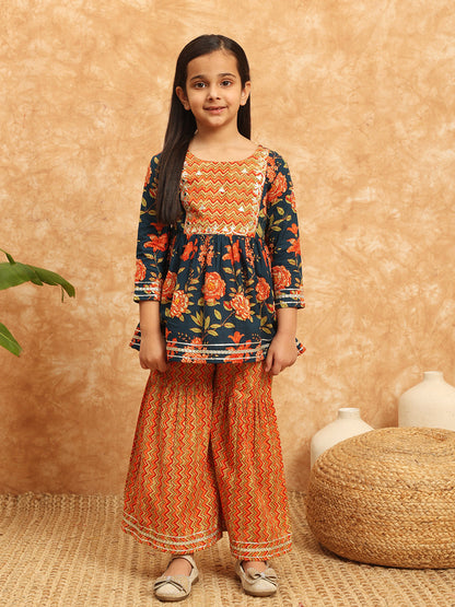 Frock Style Cotton Fabric Blue Color Printed Kurti And Sharara With Gotta Lace Work