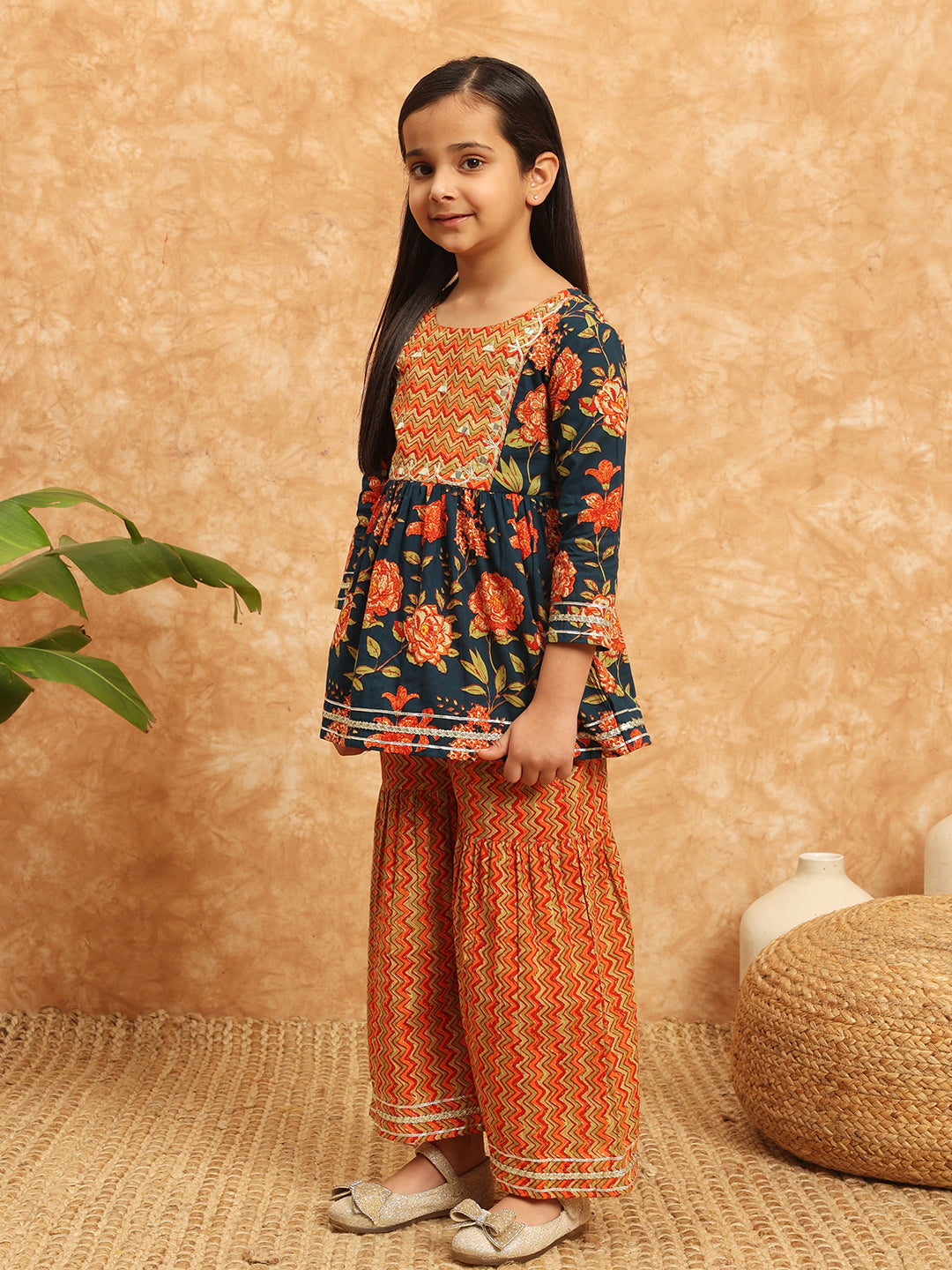 Frock Style Cotton Fabric Blue Color Printed Kurti And Sharara With Gotta Lace Work