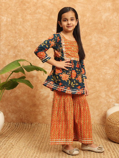 Frock Style Cotton Fabric Blue Color Printed Kurti And Sharara With Gotta Lace Work