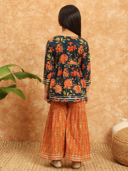Frock Style Cotton Fabric Blue Color Printed Kurti And Sharara With Gotta Lace Work