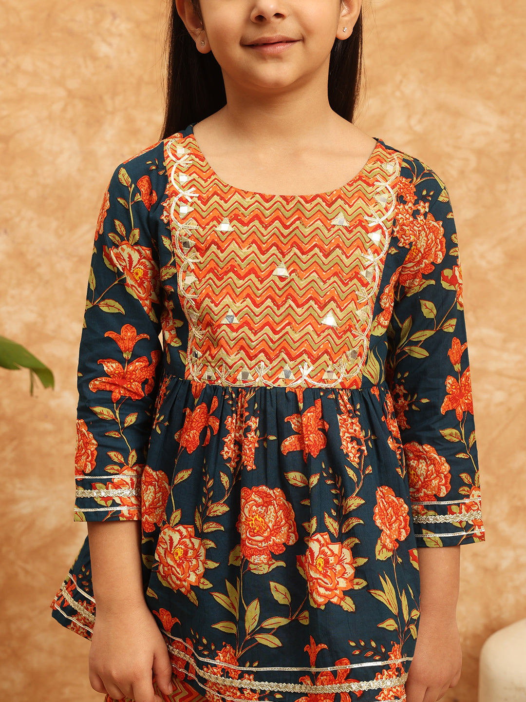 Frock Style Cotton Fabric Blue Color Printed Kurti And Sharara With Gotta Lace Work