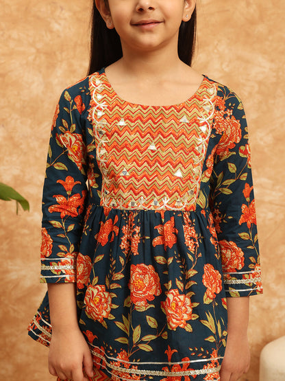 Frock Style Cotton Fabric Blue Color Printed Kurti And Sharara With Gotta Lace Work