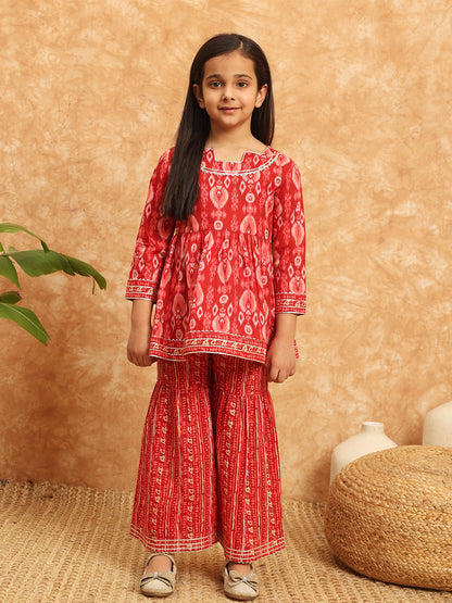 Frock Style Cotton Fabric Burgundy Color Printed Kurti And Sharara With Gotta Lace Work