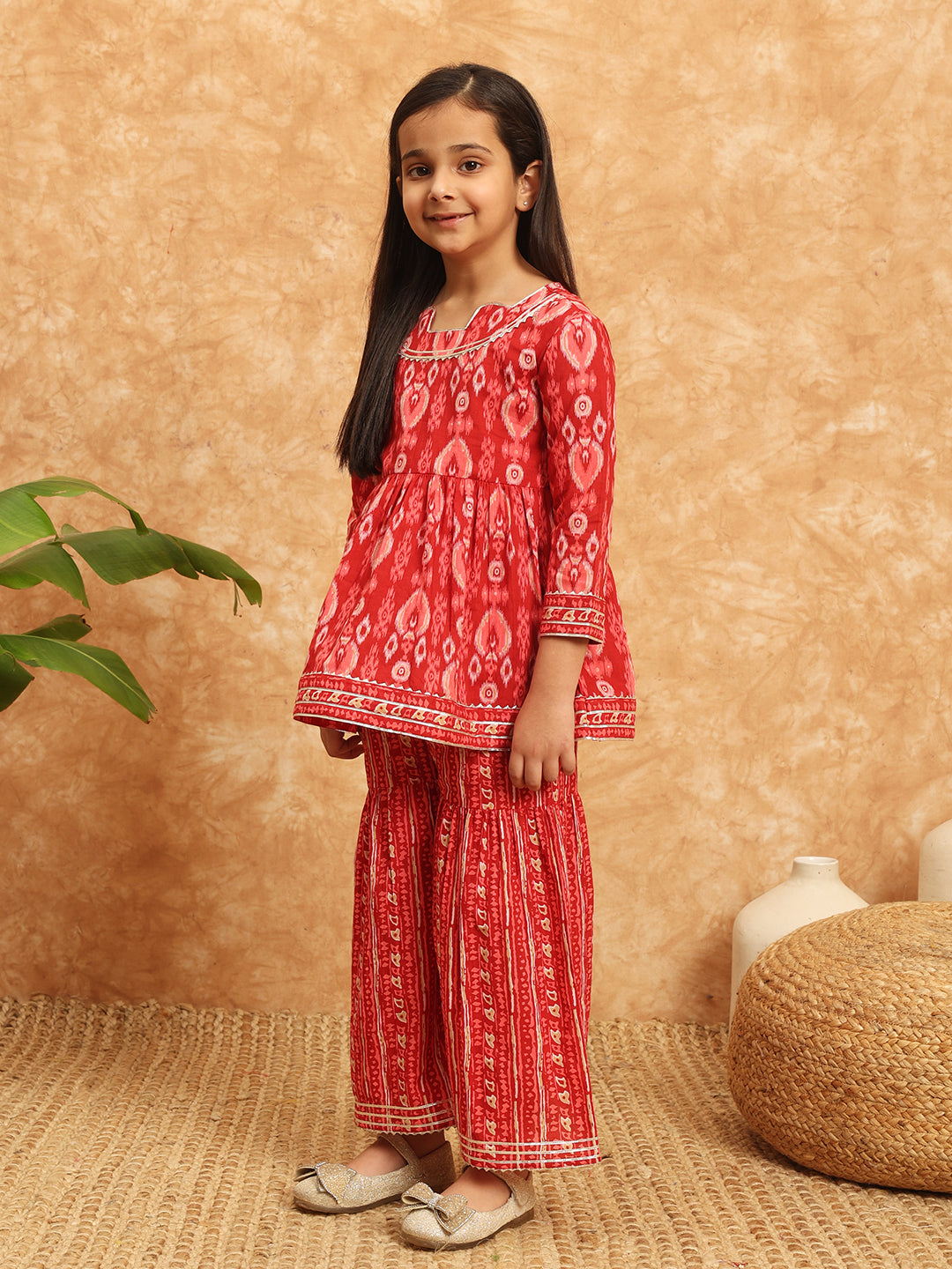 Frock Style Cotton Fabric Burgundy Color Printed Kurti And Sharara With Gotta Lace Work
