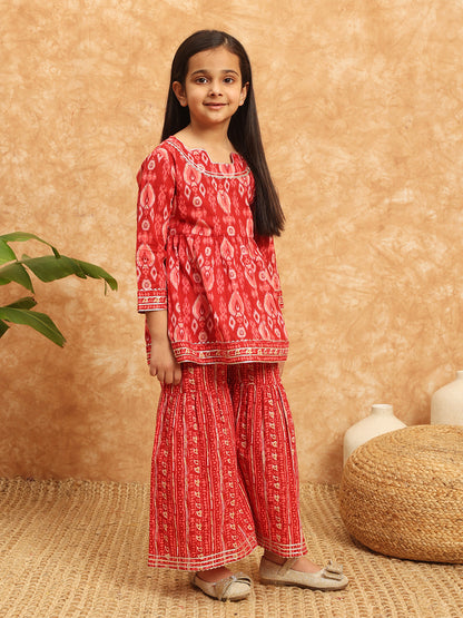 Frock Style Cotton Fabric Burgundy Color Printed Kurti And Sharara With Gotta Lace Work