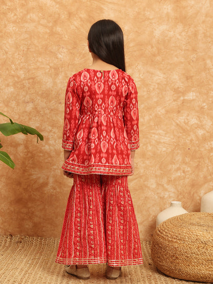 Frock Style Cotton Fabric Burgundy Color Printed Kurti And Sharara With Gotta Lace Work