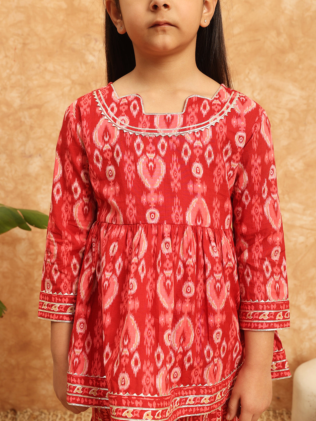 Frock Style Cotton Fabric Burgundy Color Printed Kurti And Sharara With Gotta Lace Work