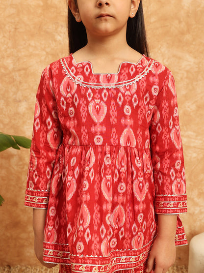 Frock Style Cotton Fabric Burgundy Color Printed Kurti And Sharara With Gotta Lace Work