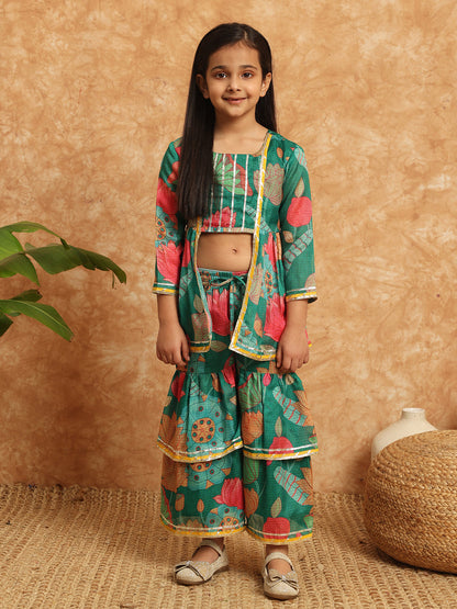 Frock Style Kota Doria Fabric Green Color Printed Kurti And Sharara With Gotta Lace Work