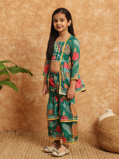 Frock Style Kota Doria Fabric Green Color Printed Kurti And Sharara With Gotta Lace Work