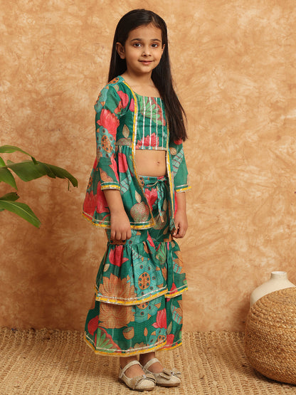 Frock Style Kota Doria Fabric Green Color Printed Kurti And Sharara With Gotta Lace Work