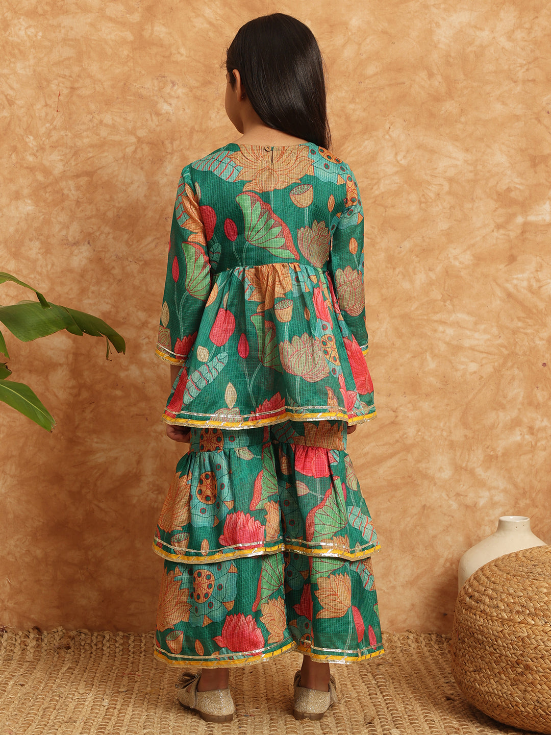 Frock Style Kota Doria Fabric Green Color Printed Kurti And Sharara With Gotta Lace Work