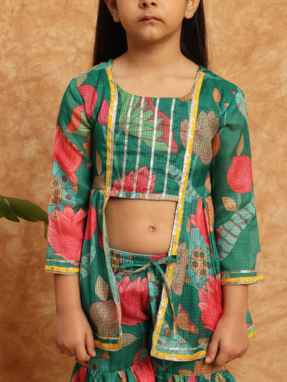 Frock Style Kota Doria Fabric Green Color Printed Kurti And Sharara With Gotta Lace Work