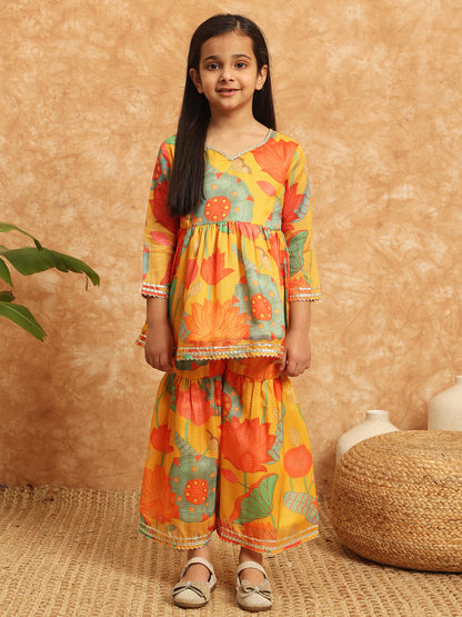 Frock Style Kota Doria Fabric Yellow Color Printed Kurti And Sharara With Gotta Lace Work