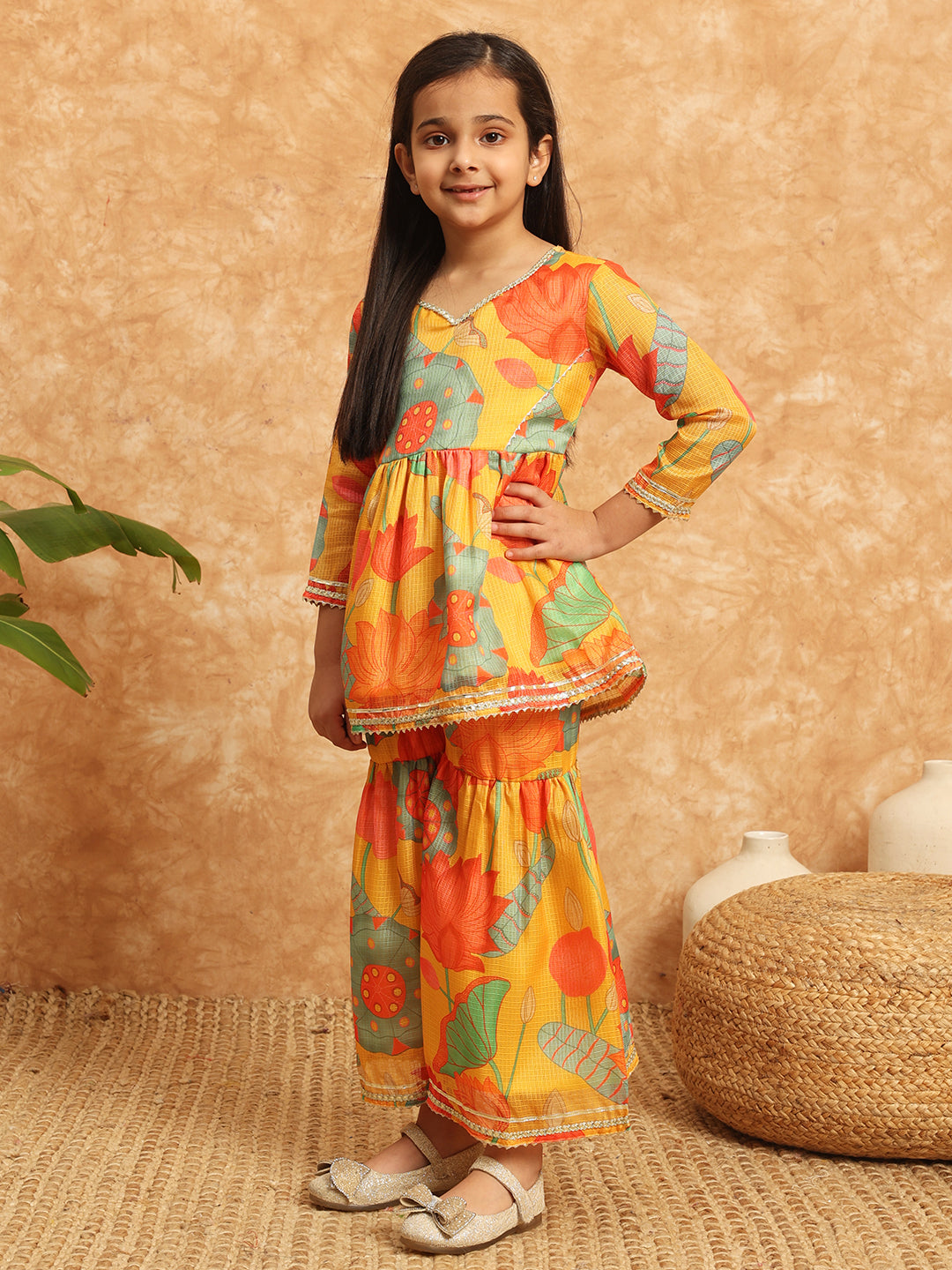 Frock Style Kota Doria Fabric Yellow Color Printed Kurti And Sharara With Gotta Lace Work