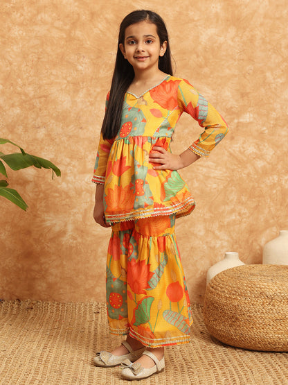 Frock Style Kota Doria Fabric Yellow Color Printed Kurti And Sharara With Gotta Lace Work