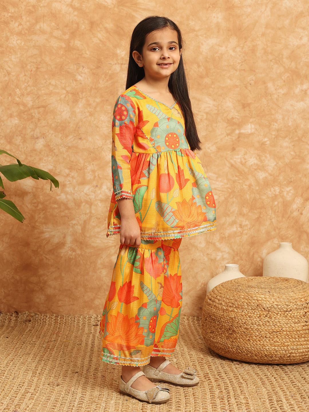Frock Style Kota Doria Fabric Yellow Color Printed Kurti And Sharara With Gotta Lace Work