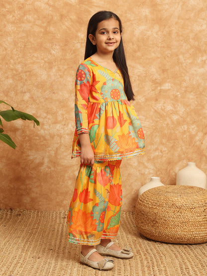 Frock Style Kota Doria Fabric Yellow Color Printed Kurti And Sharara With Gotta Lace Work