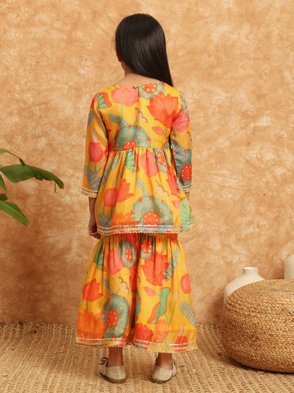 Frock Style Kota Doria Fabric Yellow Color Printed Kurti And Sharara With Gotta Lace Work