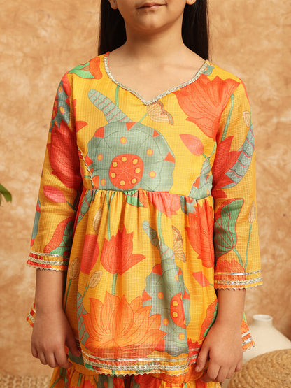 Frock Style Kota Doria Fabric Yellow Color Printed Kurti And Sharara With Gotta Lace Work