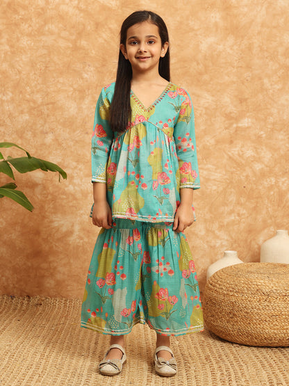 Frock Style Kota Doria Fabric Sea Green Color Printed Kurti And Sharara With Beads And Gotta Lace Work