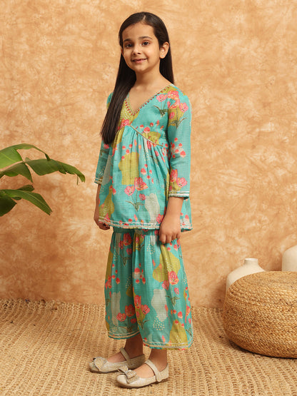 Frock Style Kota Doria Fabric Sea Green Color Printed Kurti And Sharara With Beads And Gotta Lace Work