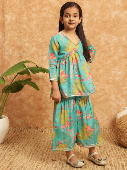 Frock Style Kota Doria Fabric Sea Green Color Printed Kurti And Sharara With Beads And Gotta Lace Work