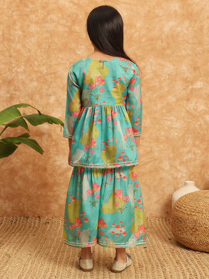 Frock Style Kota Doria Fabric Sea Green Color Printed Kurti And Sharara With Beads And Gotta Lace Work