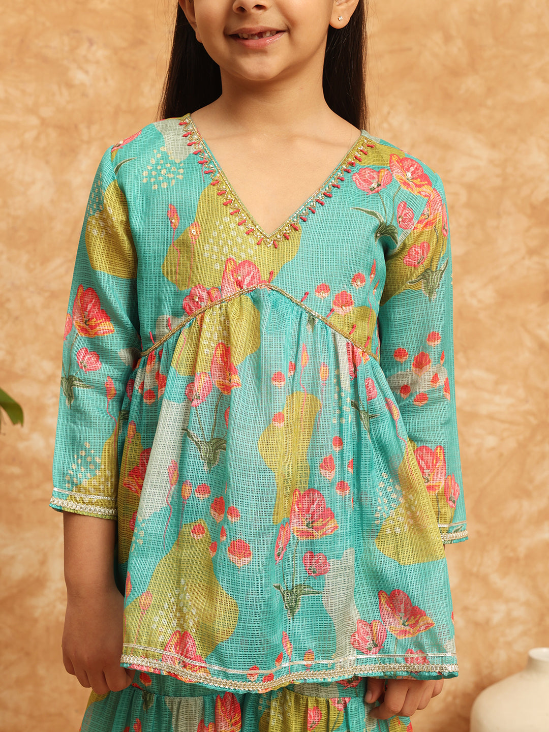 Frock Style Kota Doria Fabric Sea Green Color Printed Kurti And Sharara With Beads And Gotta Lace Work