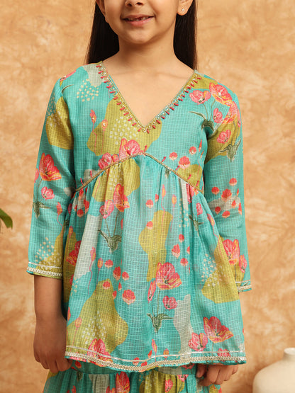 Frock Style Kota Doria Fabric Sea Green Color Printed Kurti And Sharara With Beads And Gotta Lace Work