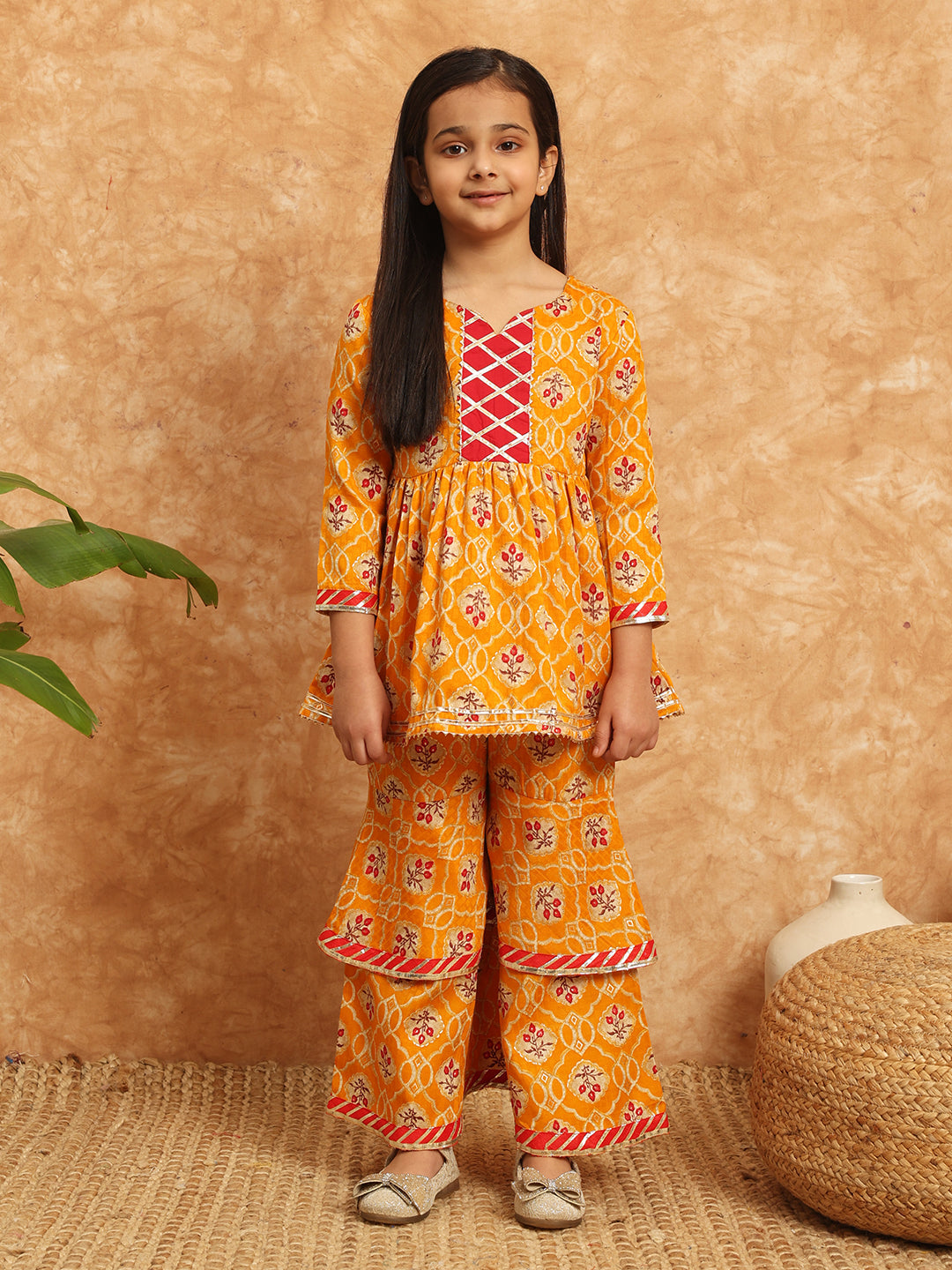Frock Style Cotton Fabric Mustard Color Printed Kurti And Sharara With Gotta Lace Work