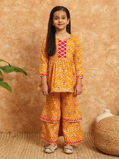 Frock Style Cotton Fabric Mustard Color Printed Kurti And Sharara With Gotta Lace Work