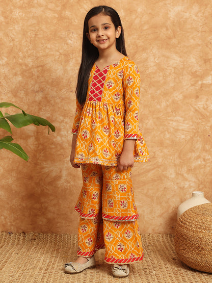 Frock Style Cotton Fabric Mustard Color Printed Kurti And Sharara With Gotta Lace Work